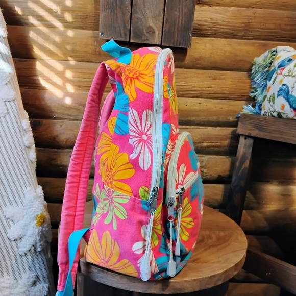 Vintage OP Bright Flowers Backpack Canvas Pink Blue Orange Happy Floral - Picture 2 of 10